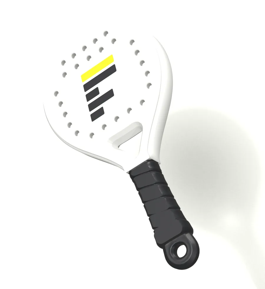 Llavero con forma de pala de pádel, blanco con mango negro, con el logo grabado en la cara frontal
